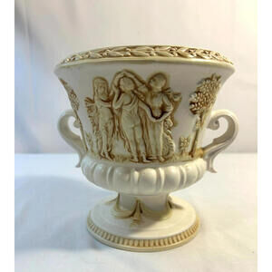 Classical Greco Roman Style Urn Vase Cherub Relief Two Handle Pedestal Bowl